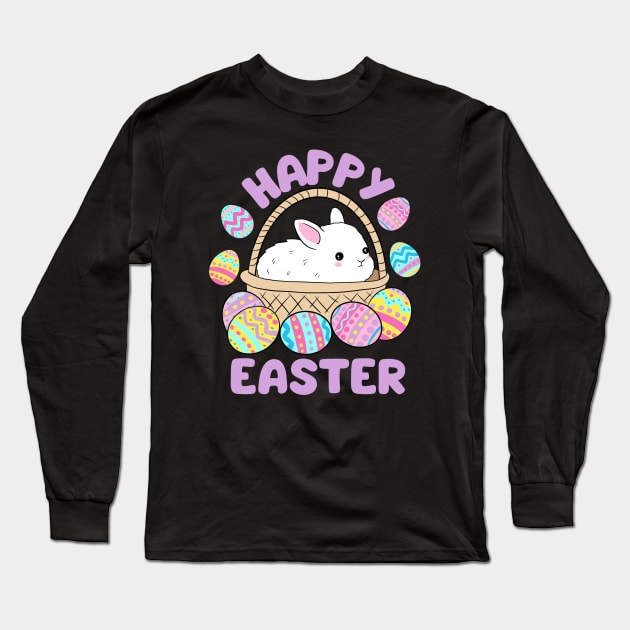 Happy easter a cute little Easter bunny in a basket surrounded by easter eggs Long Sleeve T-Shirt by Yarafantasyart